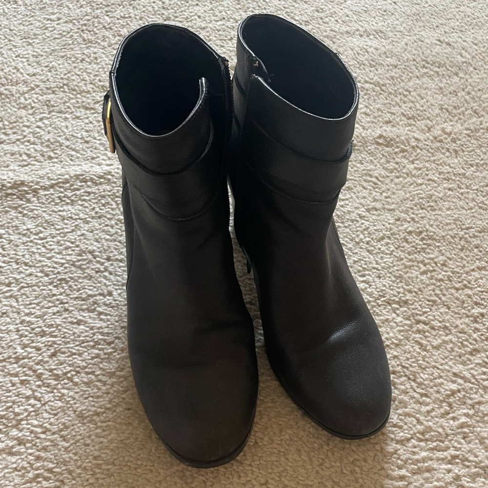 Cole Haan size 9 black leather booties with gold buckle
